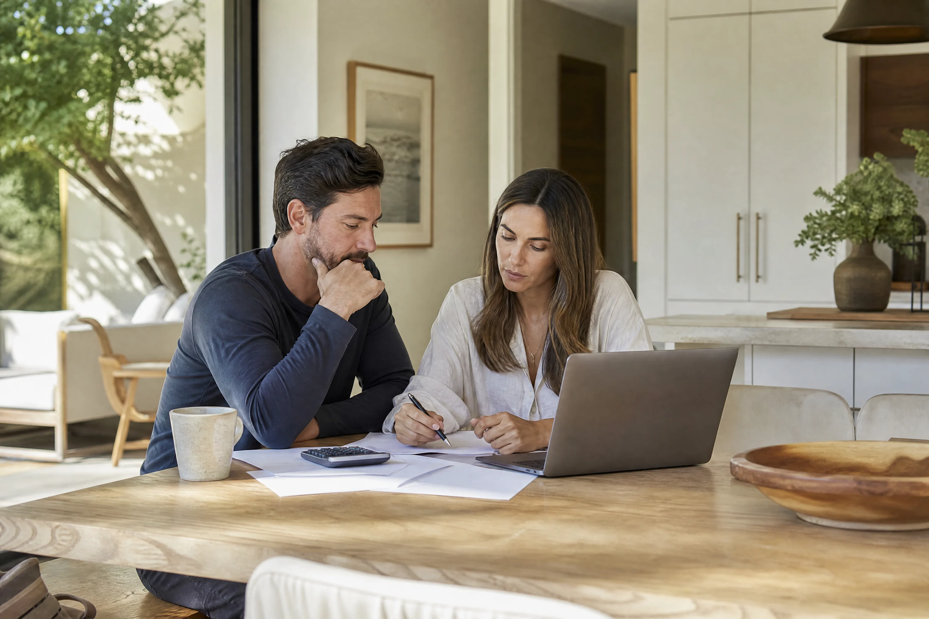 Homebuyers reviewing their purchase budget at a kitchen table