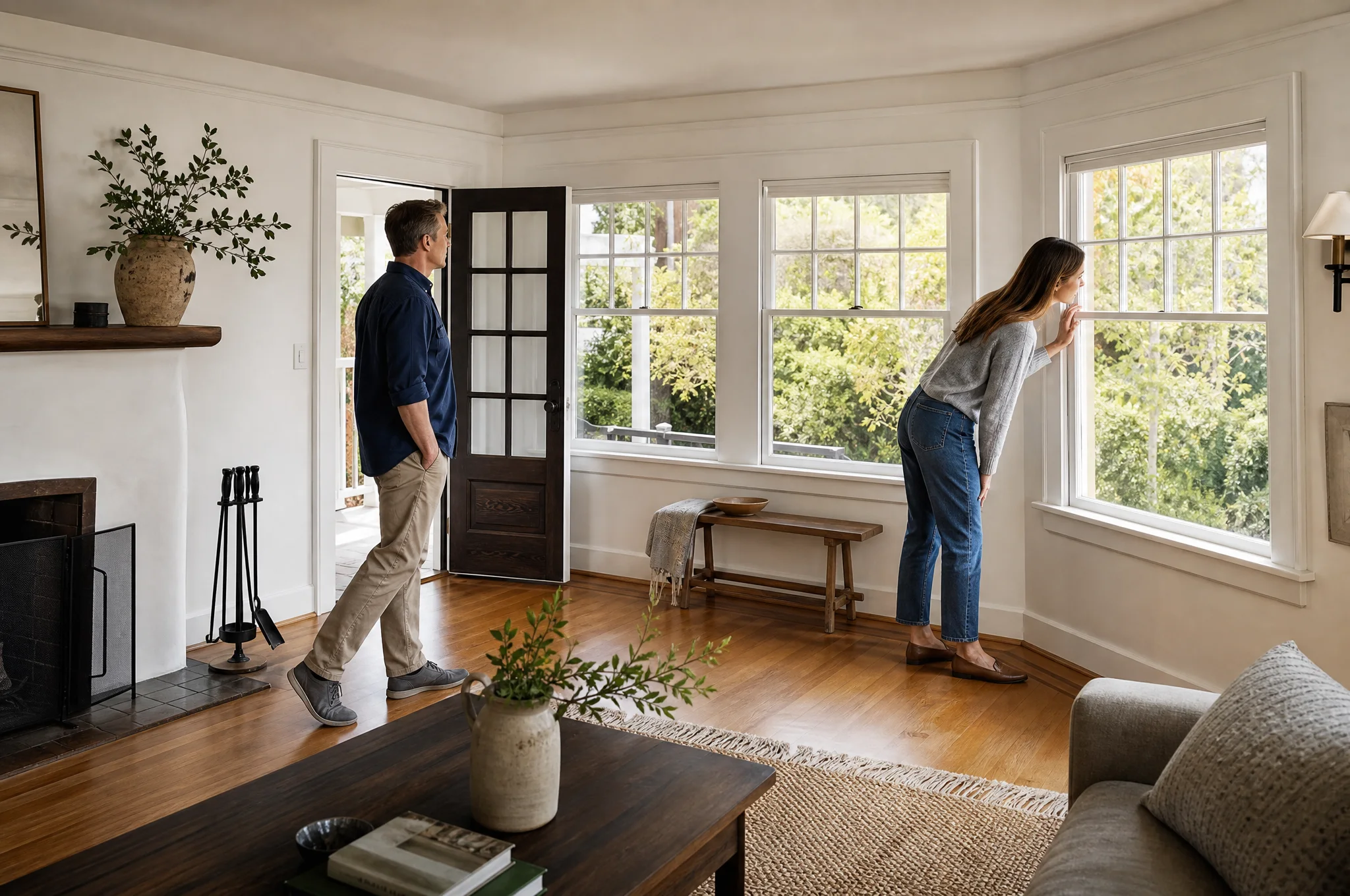 Homebuyers examining the windows and layout of a California bungalow