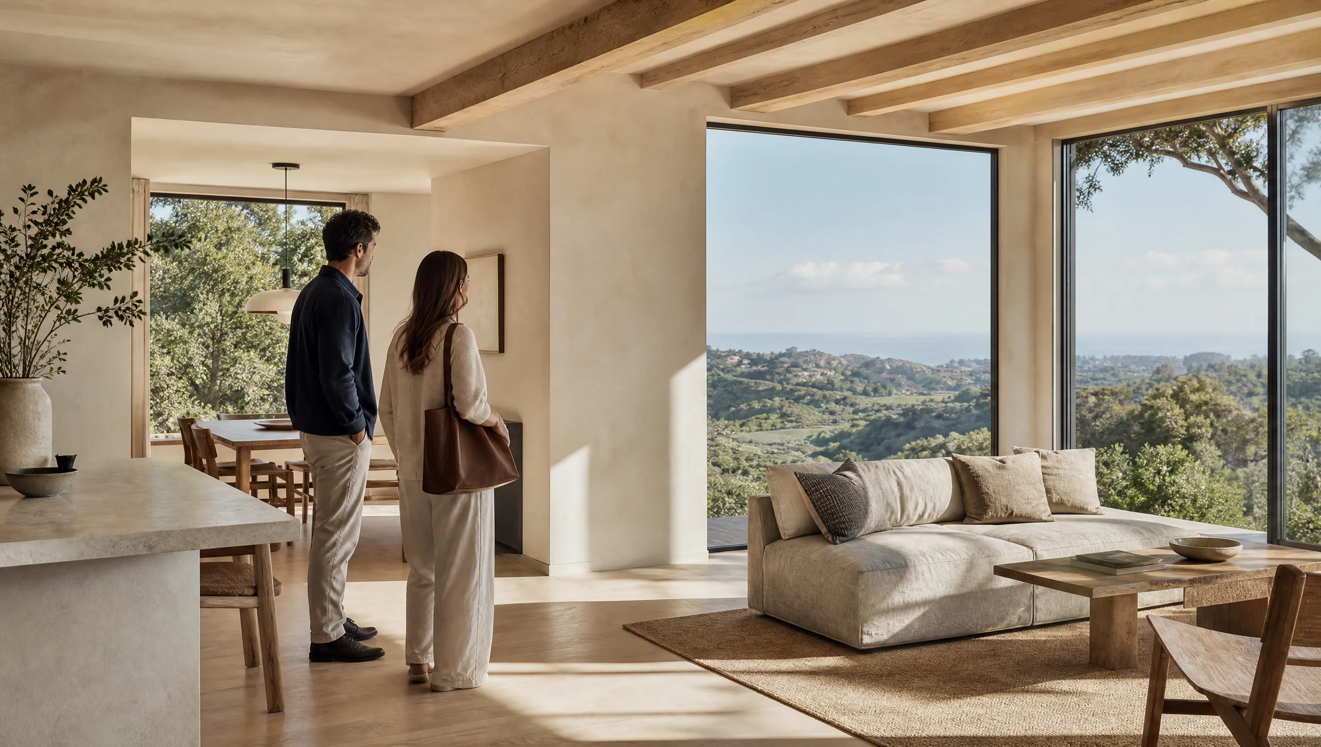 Two homebuyers touring a sunlit Central Coast property