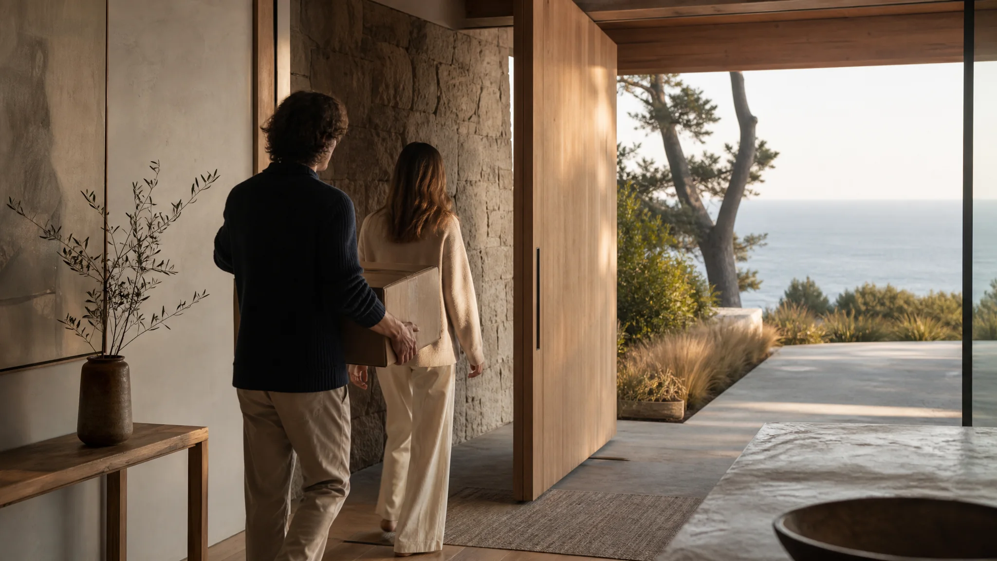 A couple carrying a box into a Central Coast home