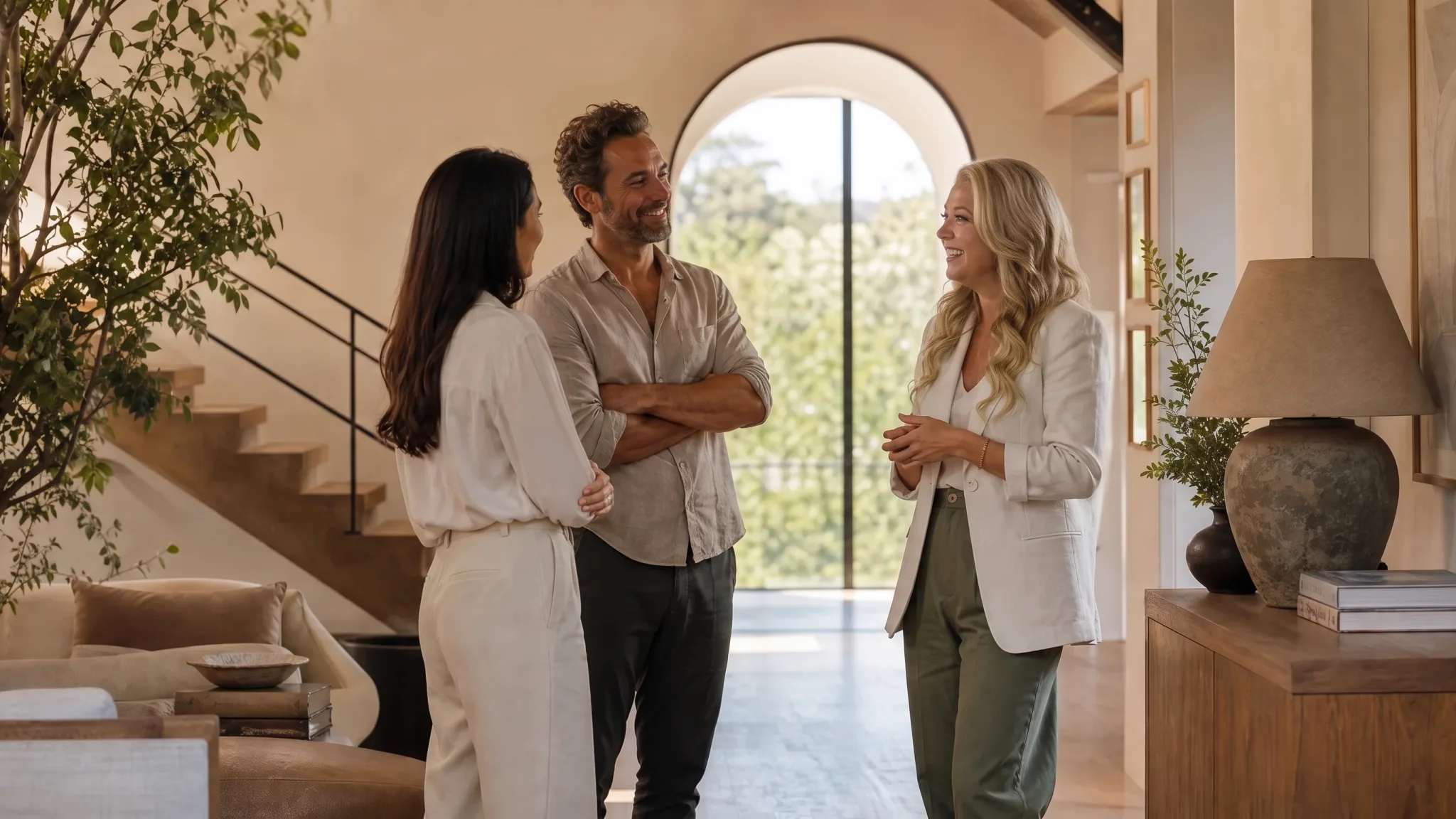 Rané Aguilar speaking with two clients in a bright Central Coast home