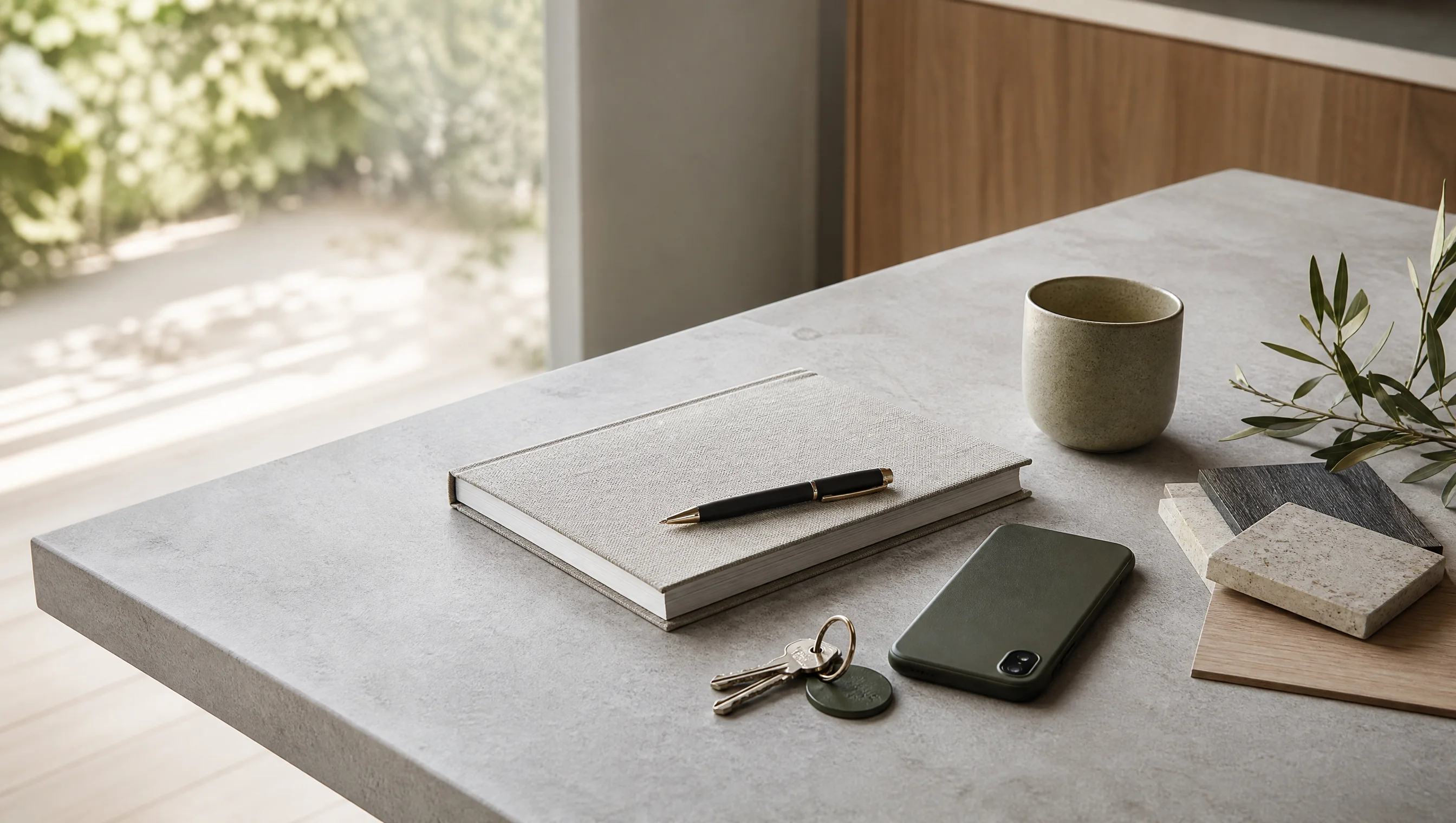 Notebook, phone, keys, and material samples prepared for a consultation