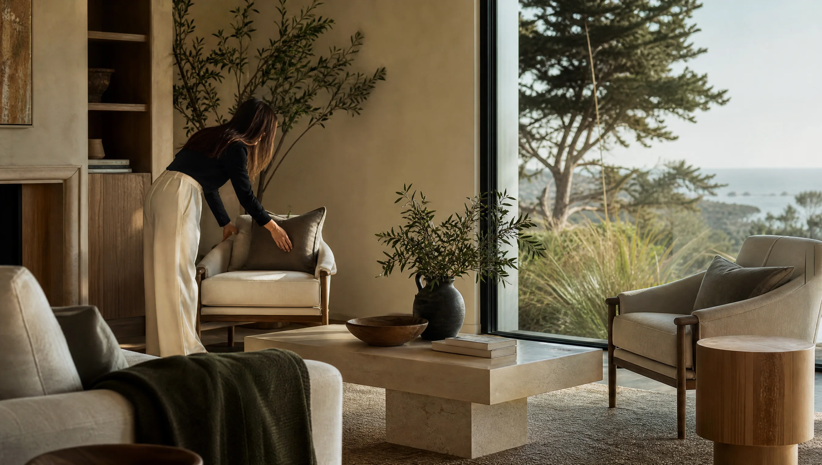 A home stylist making a final adjustment in a prepared Central Coast living room