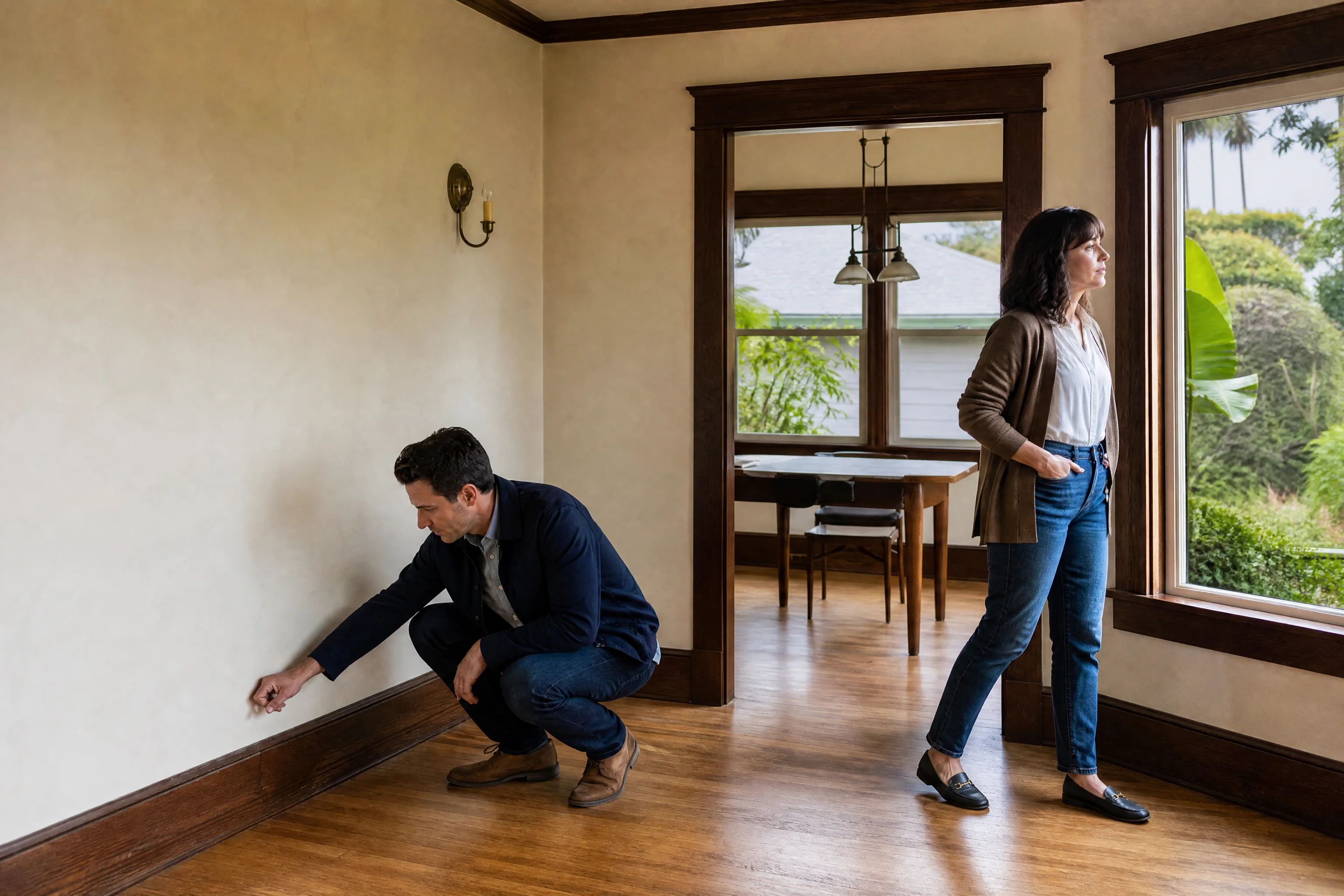 A homeowner and real estate professional evaluating a wall before listing