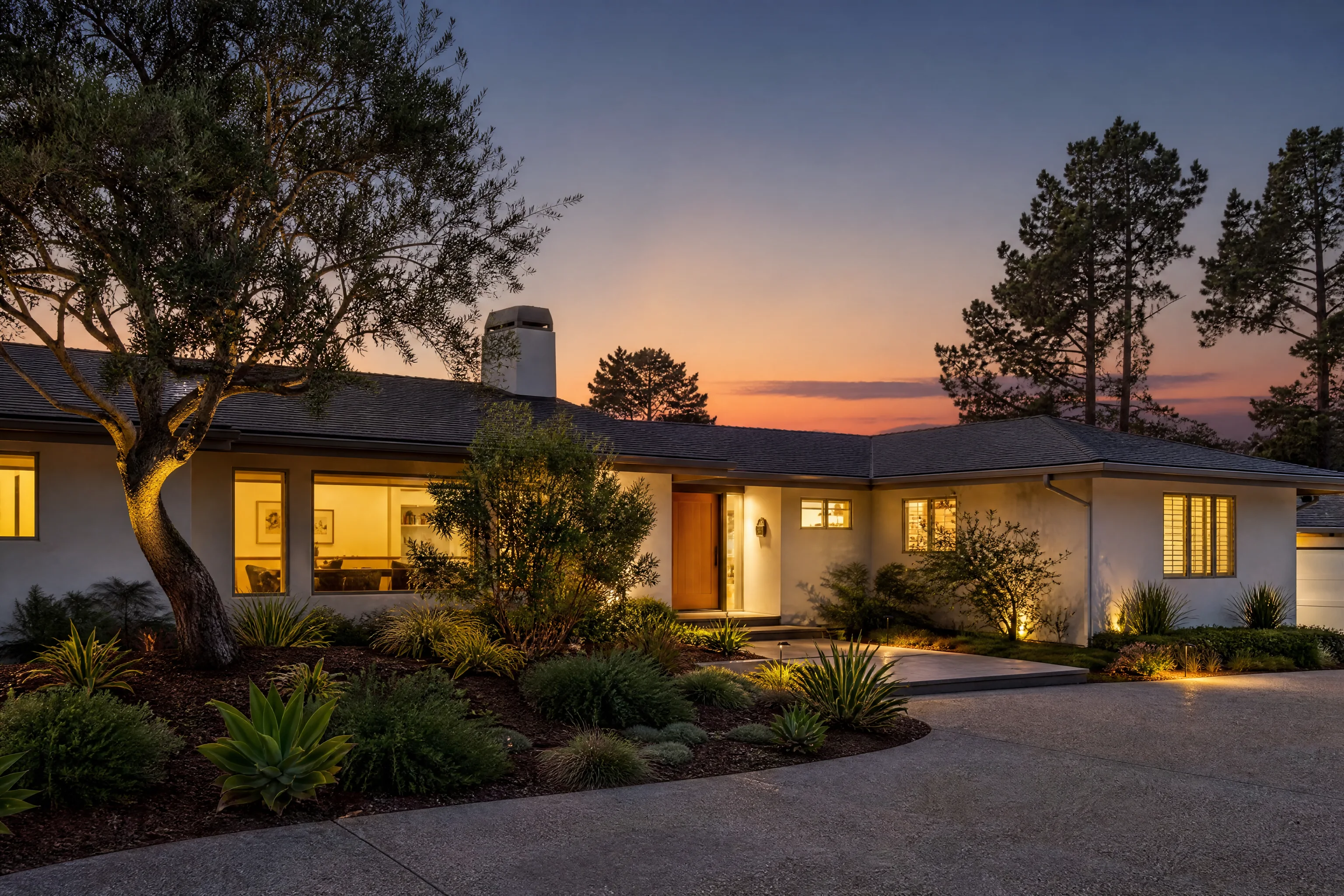 A prepared Central Coast home illuminated at dusk