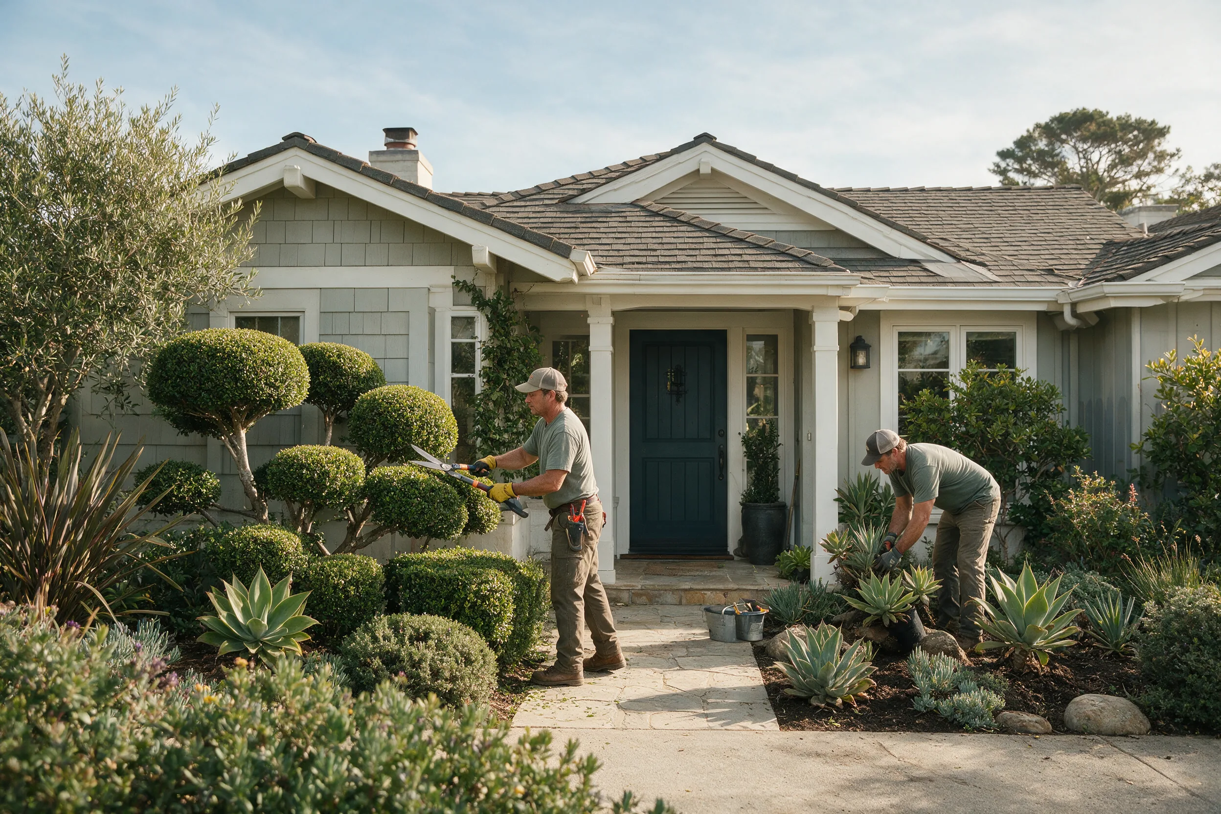 Landscaping contractors preparing the front of a Central Coast home