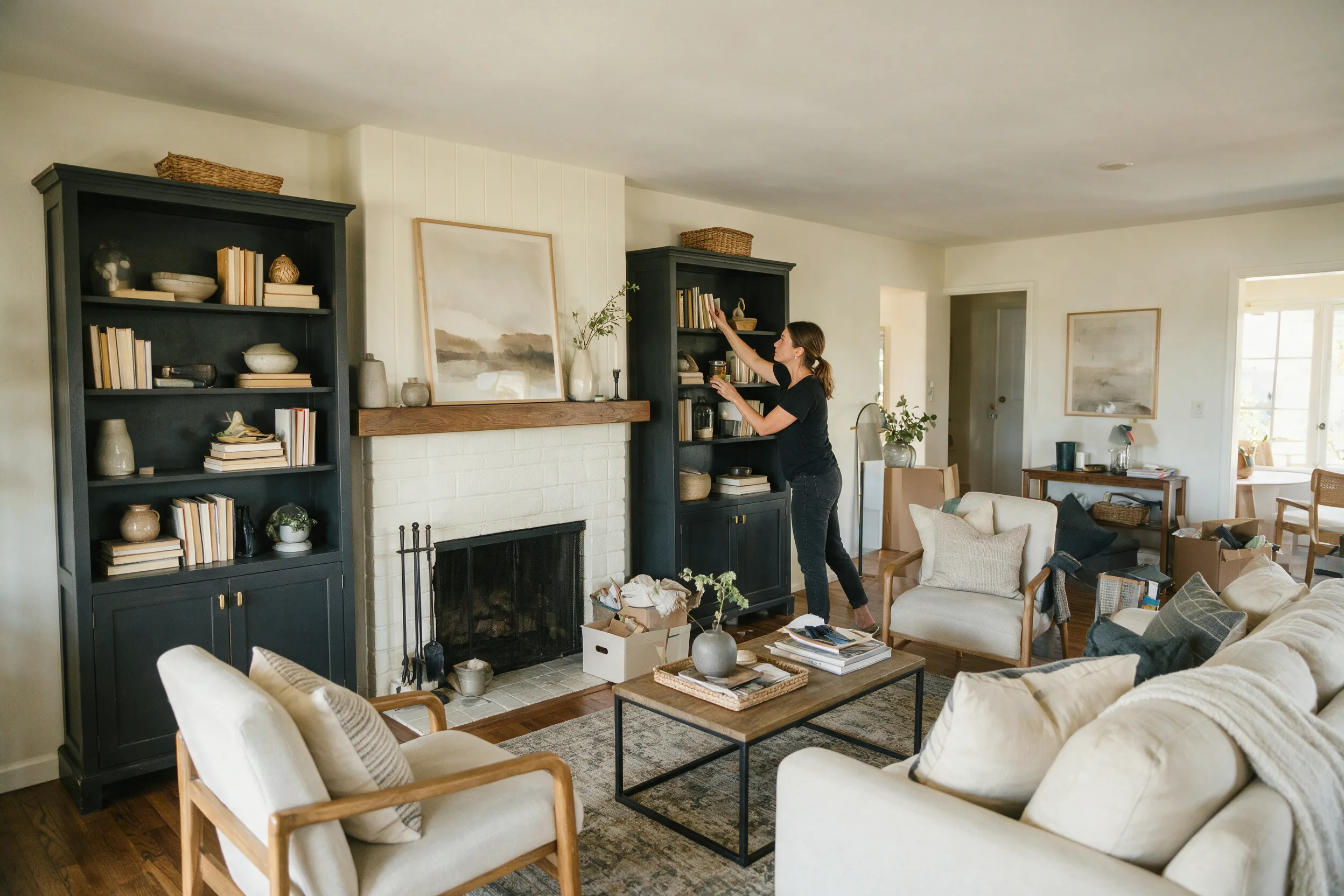 Home stylist editing an occupied living room before listing