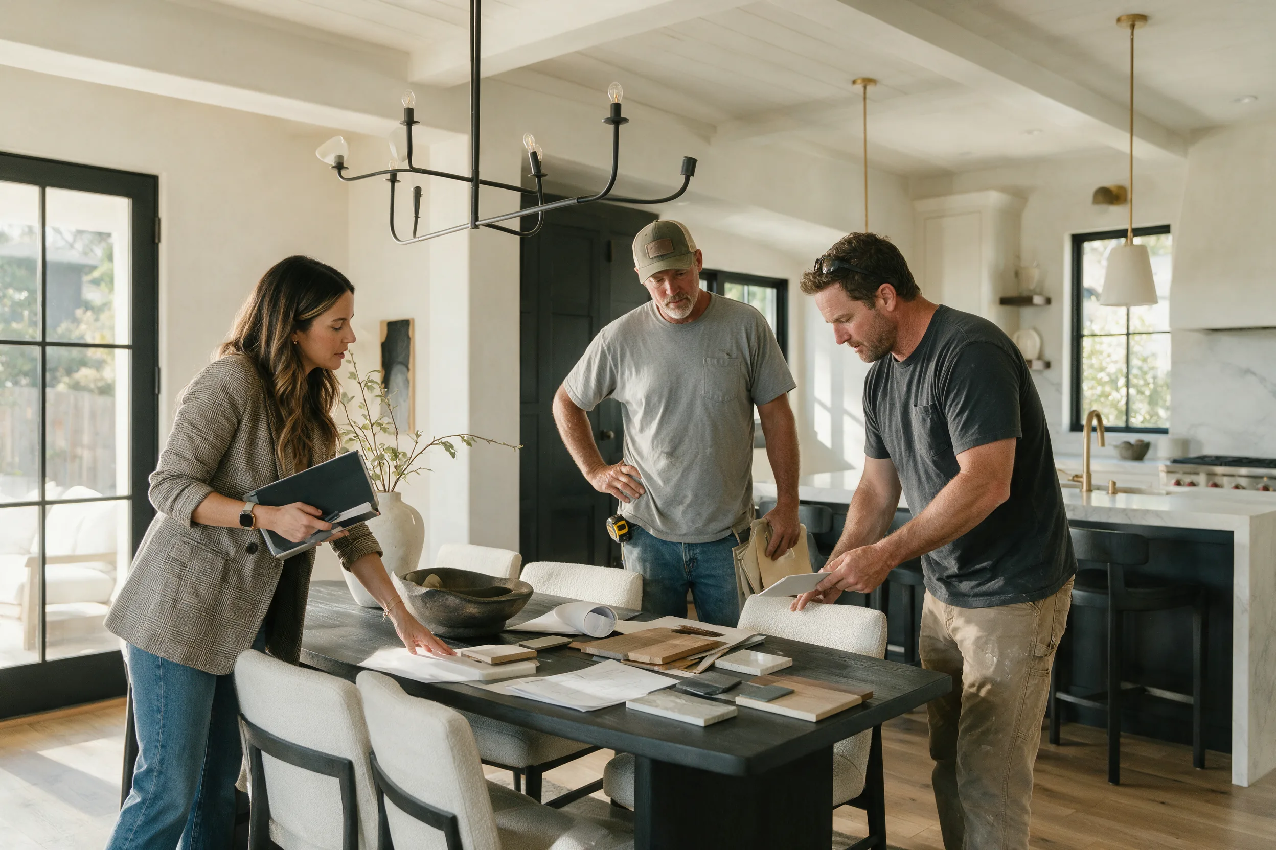 Staging coordinator and contractors reviewing materials and room plans