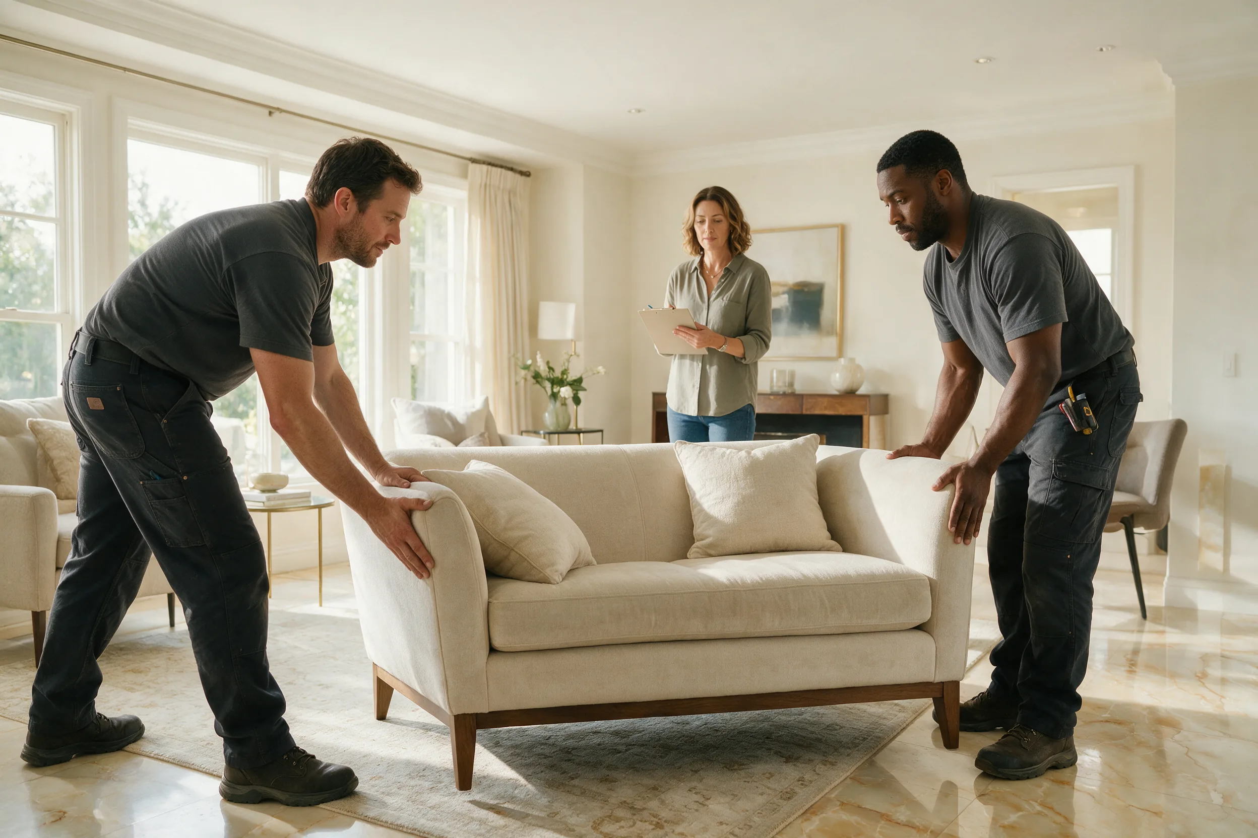Home staging team positioning furniture in a Central Coast living room