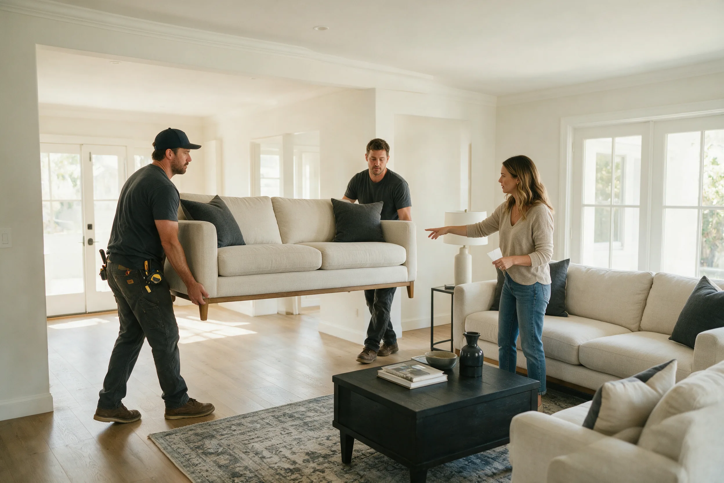 Staging team moving furniture into a vacant living room