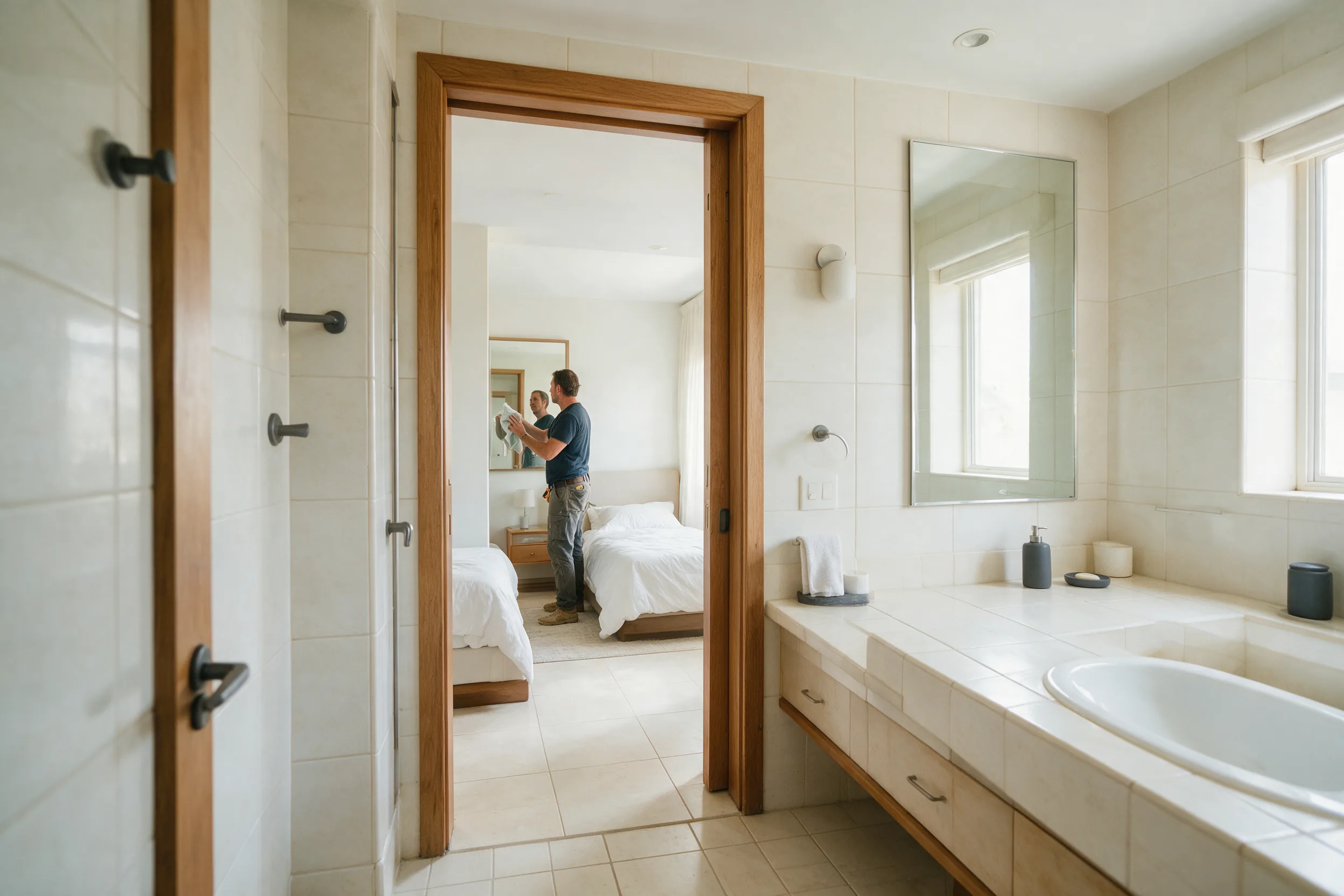 Cleaning contractor making a final property check before showings