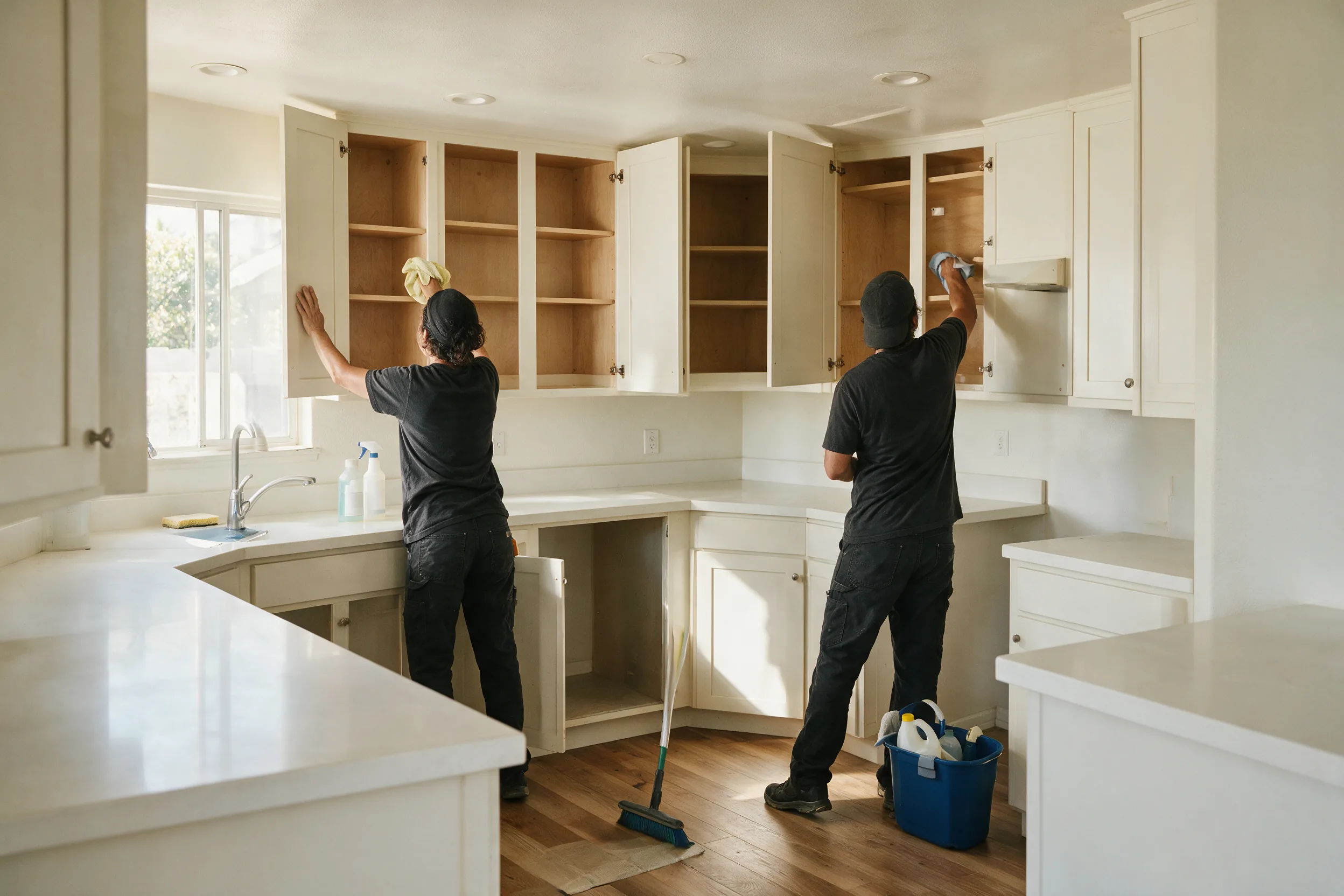 Cleaning contractors wiping empty kitchen cabinets before move-in