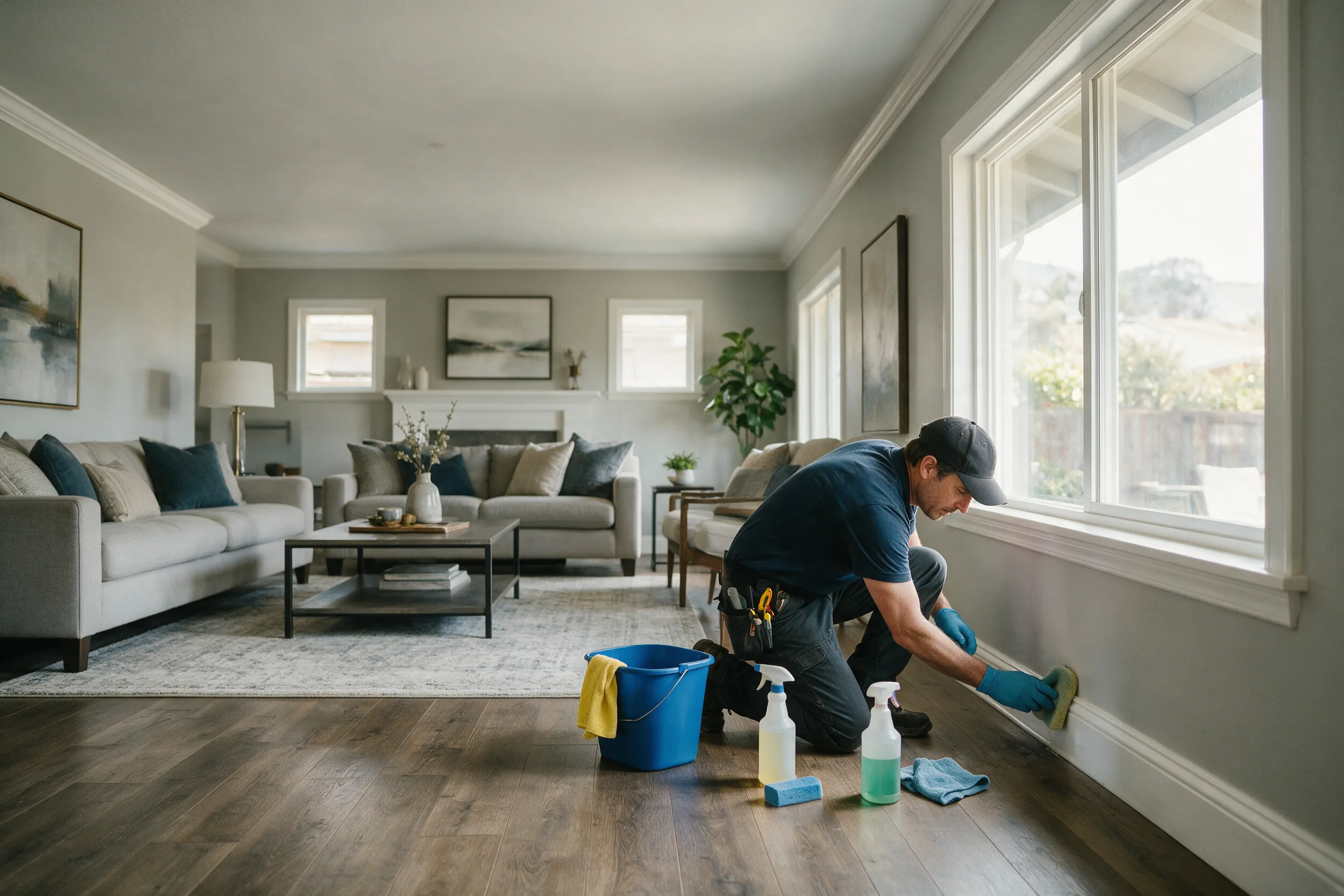 Cleaning contractor deep-cleaning a furnished living room before listing photography
