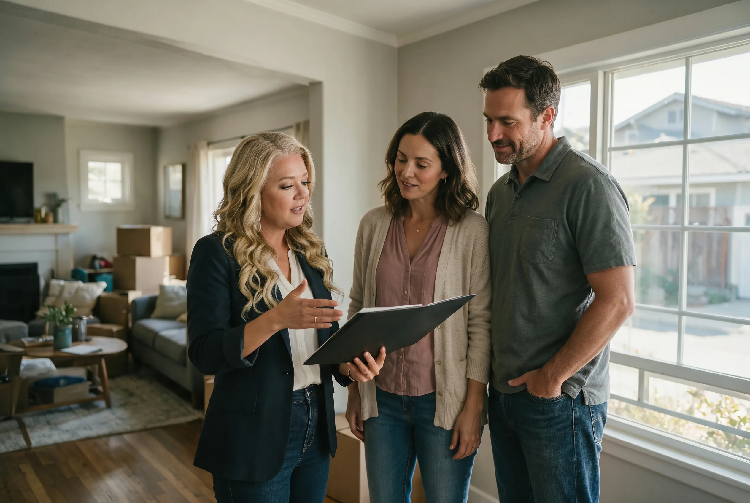 Rané Aguilar and homeowners discussing financing timing during a move
