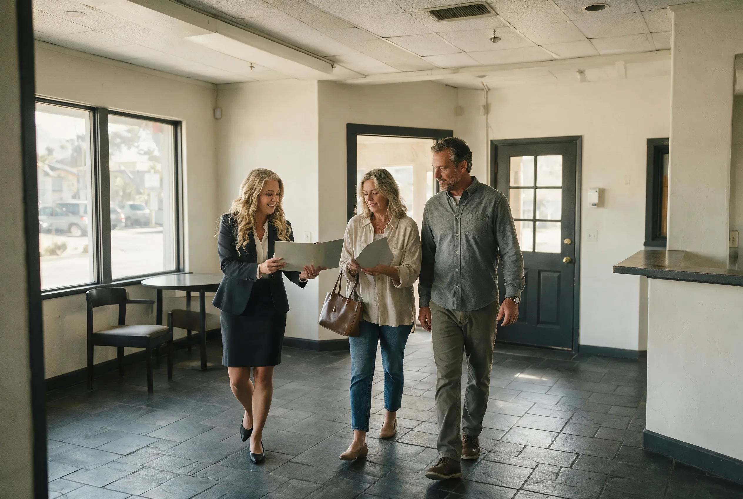 Rané Aguilar and clients reviewing a small commercial property
