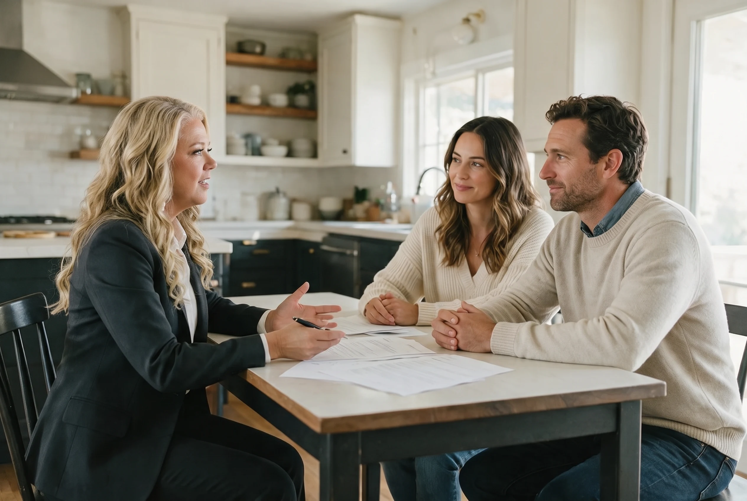 Mortgage advisor discussing financing with clients at a kitchen table