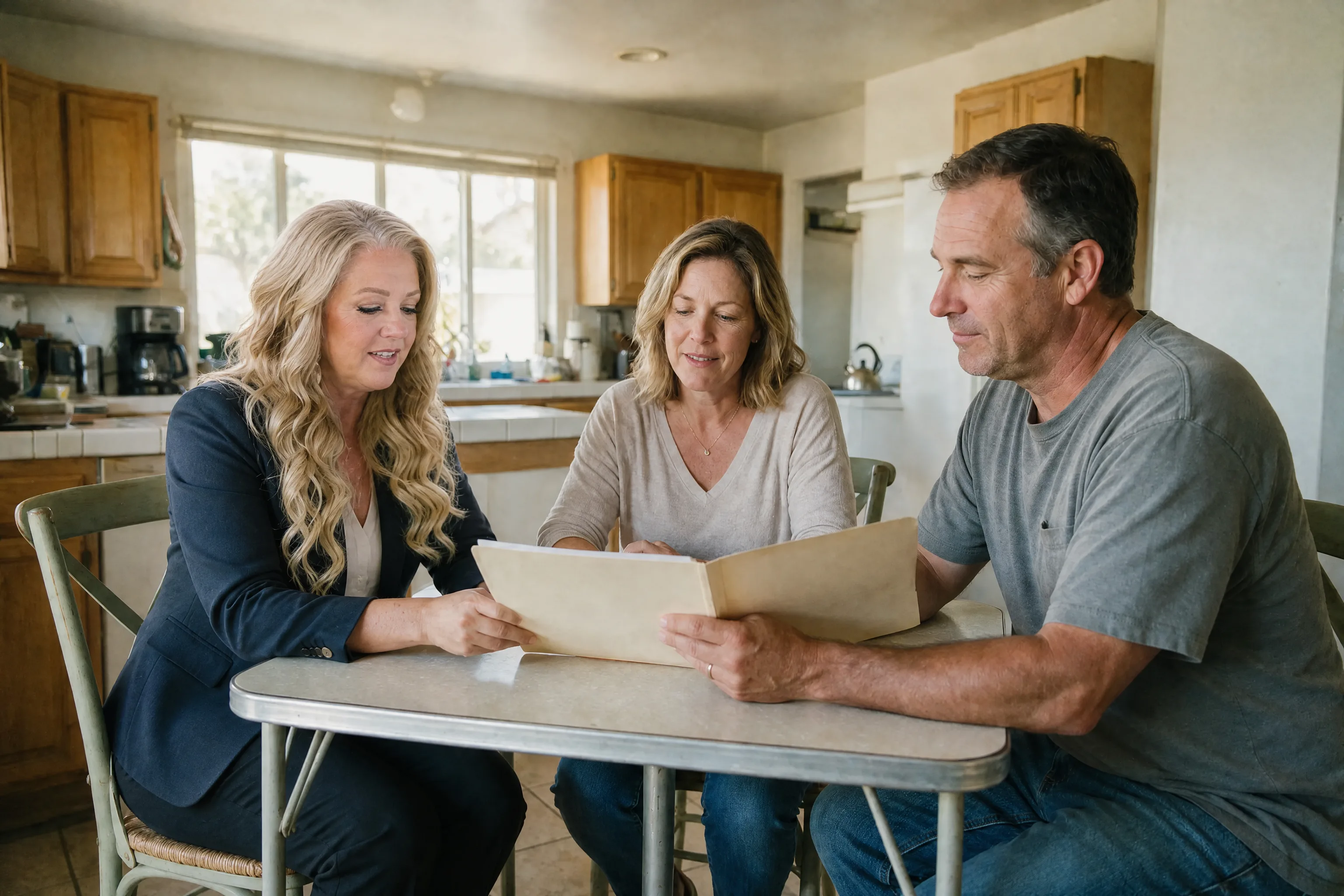 Rané Aguilar reviewing an unmarked folder with clients in their home