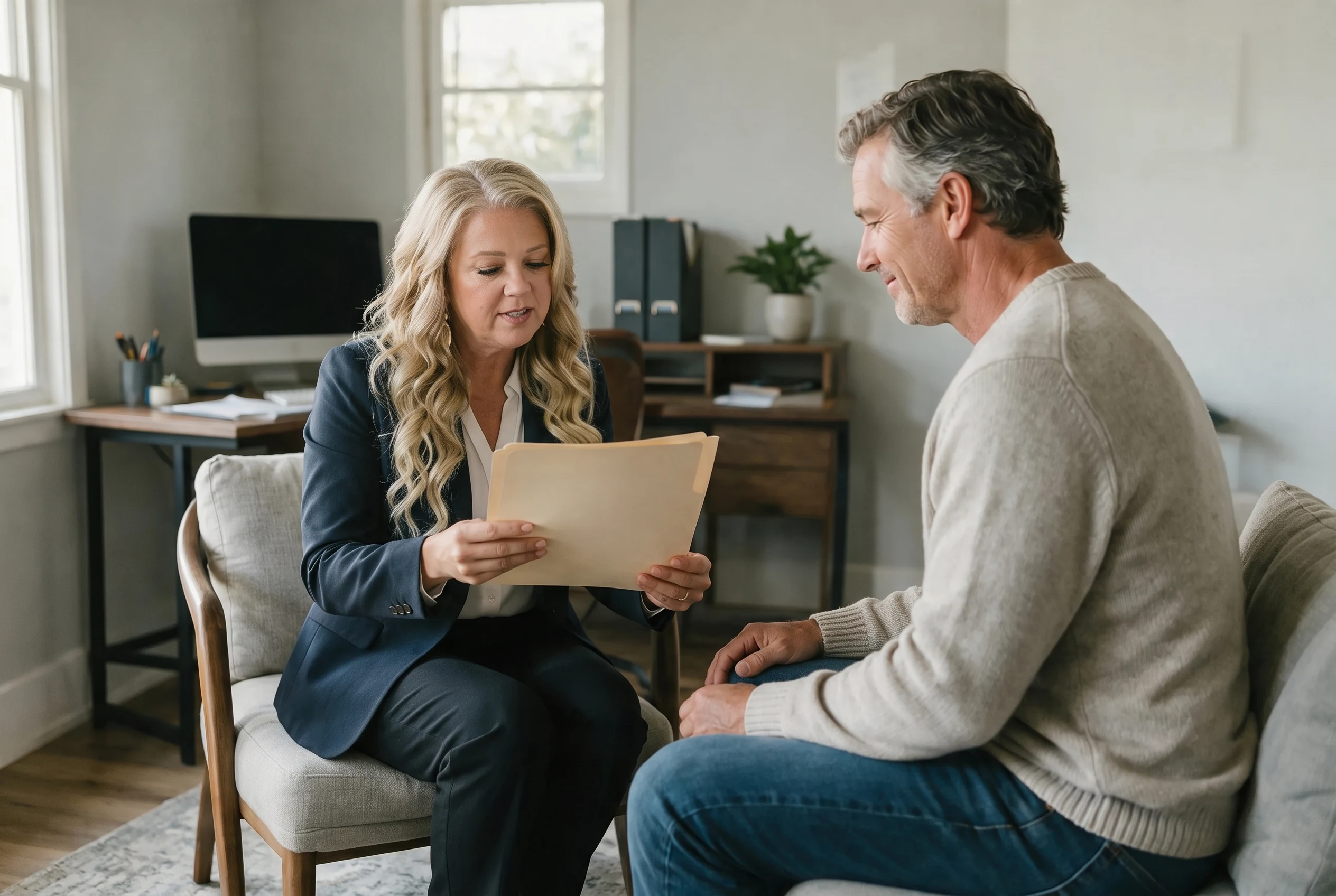 Mortgage advisor reviewing an unbranded file with a client