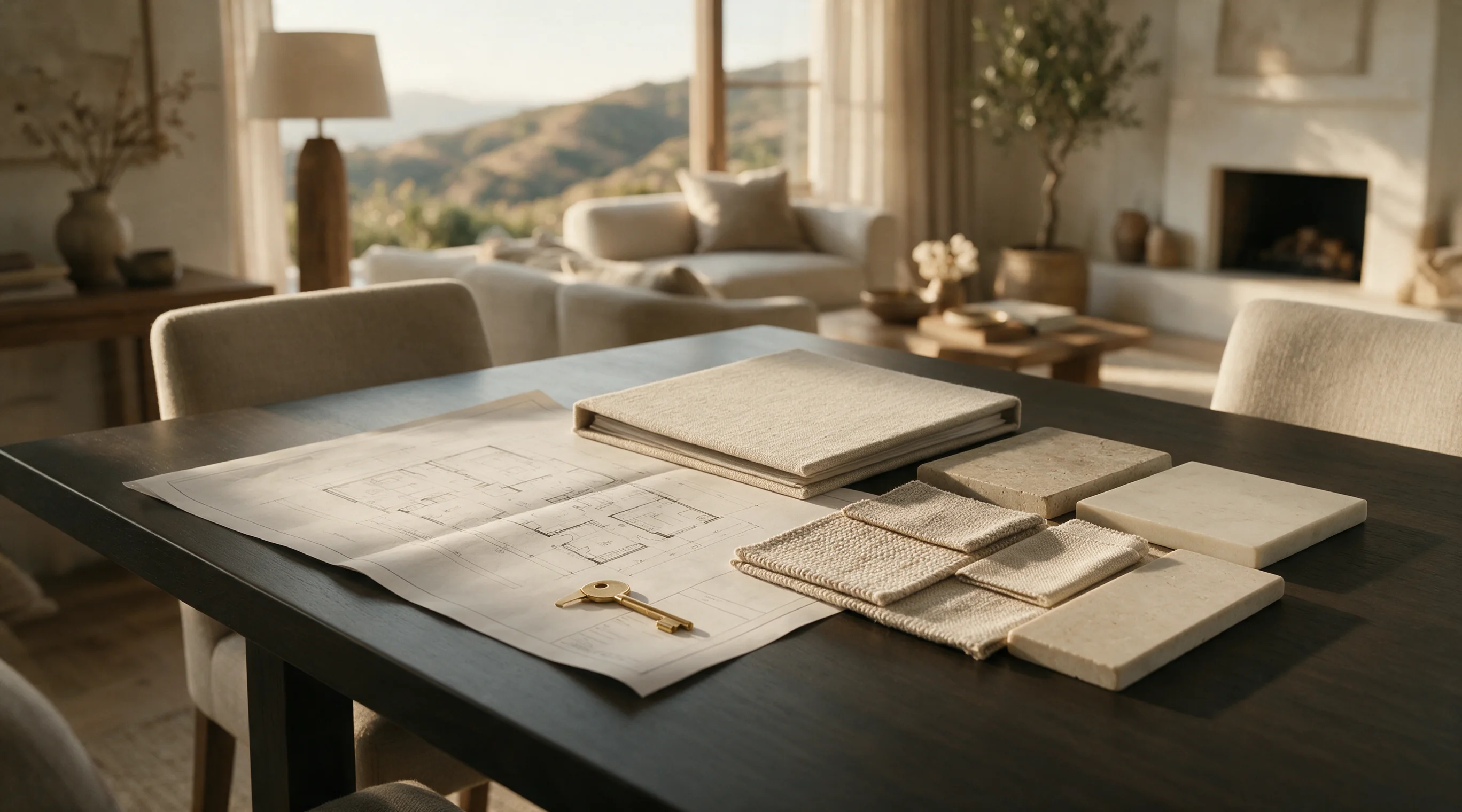 Property plans, material samples, and a house key arranged in a staged Central Coast home