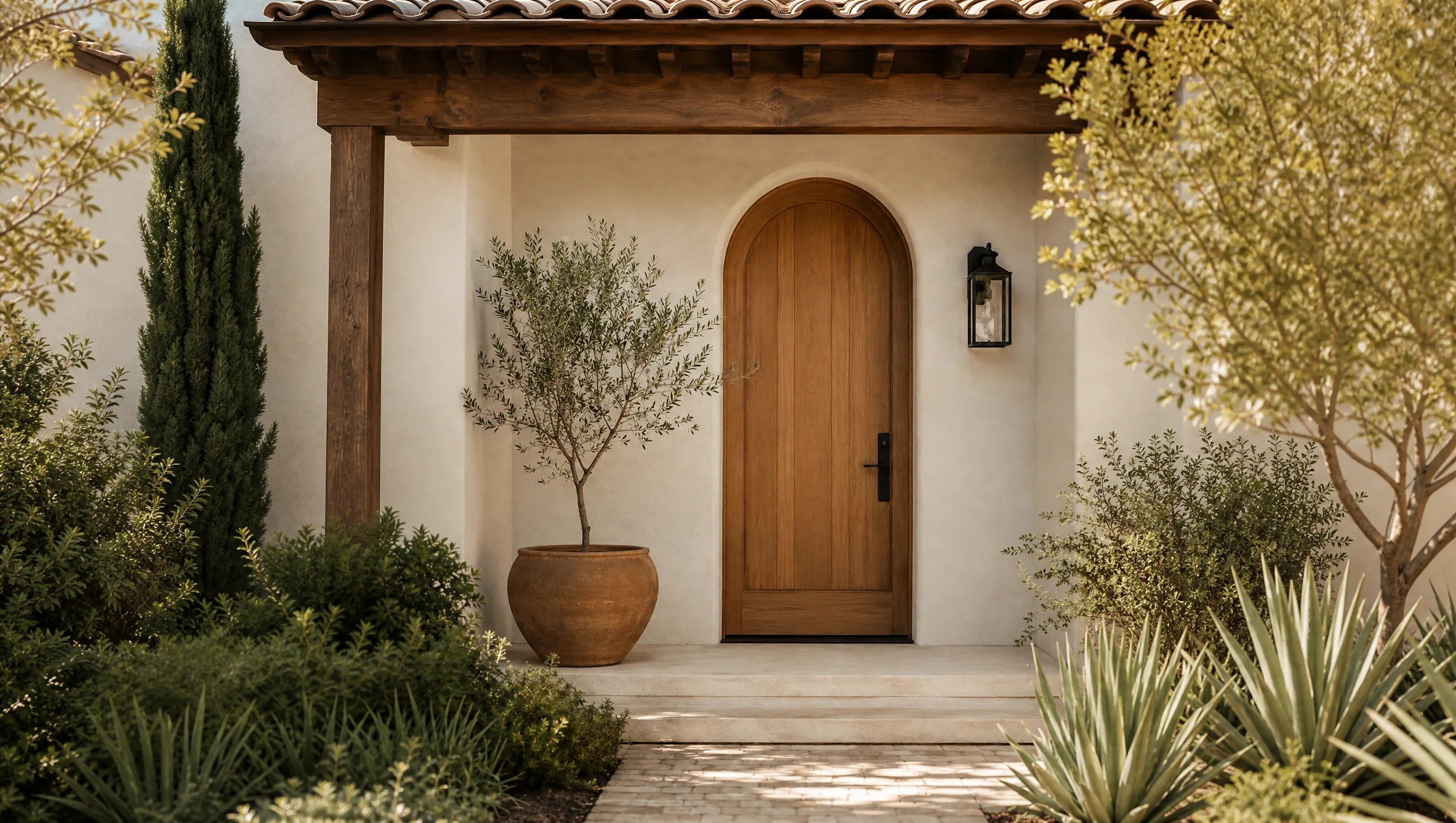 Central Coast home entrance framed by mature landscaping