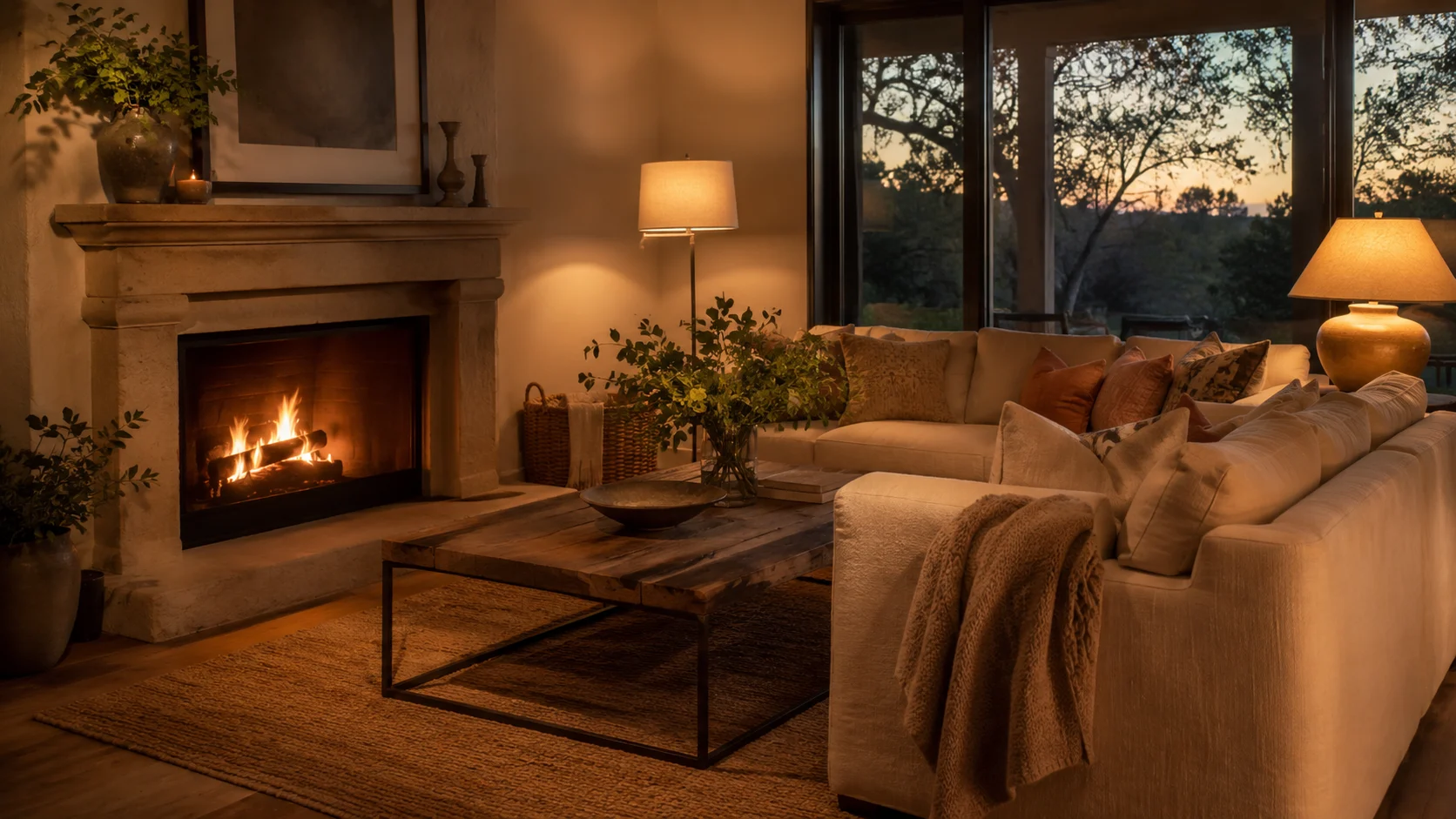 Warm furnished living room at dusk
