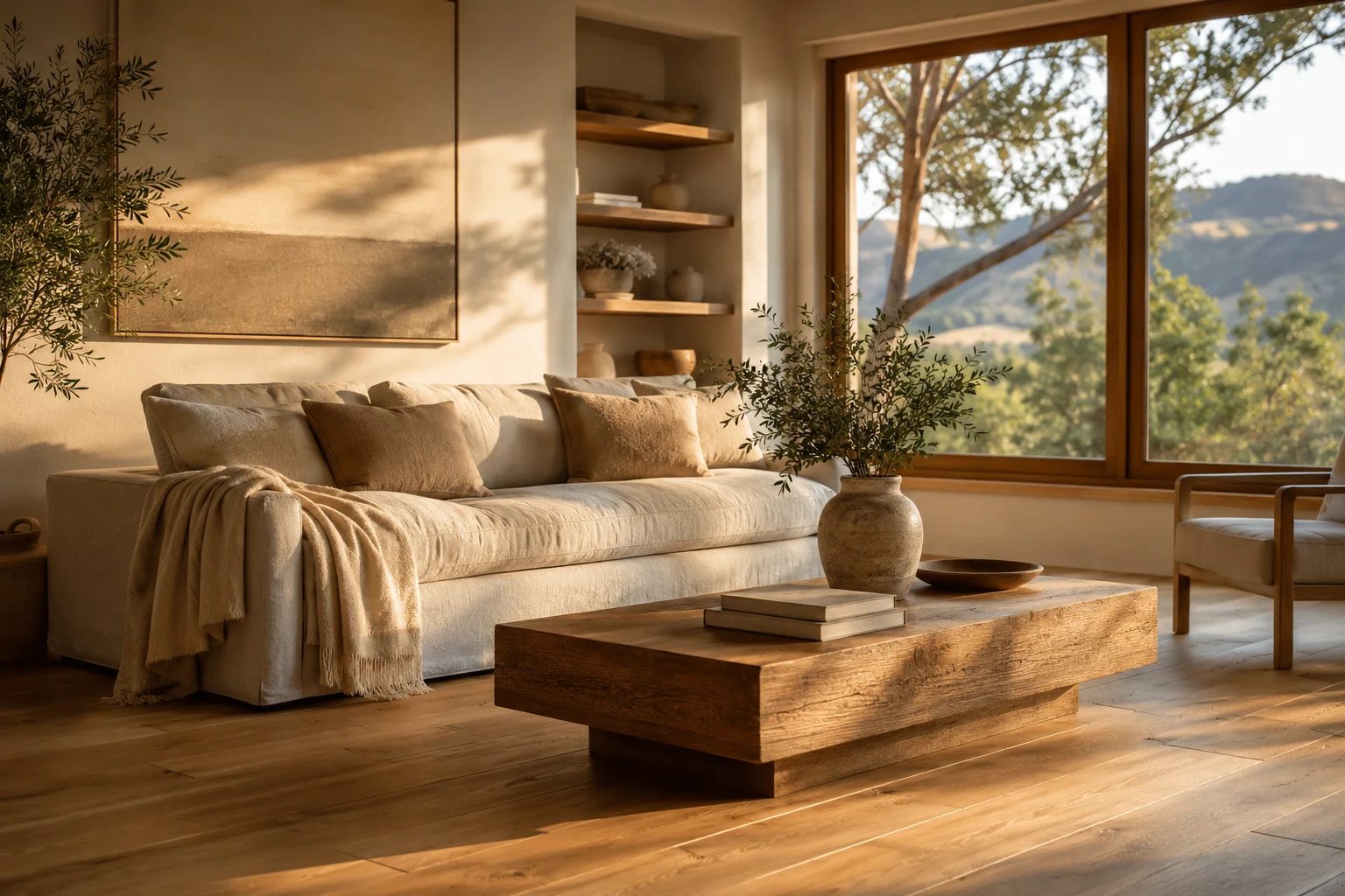 Warmly staged living room overlooking Central Coast hills